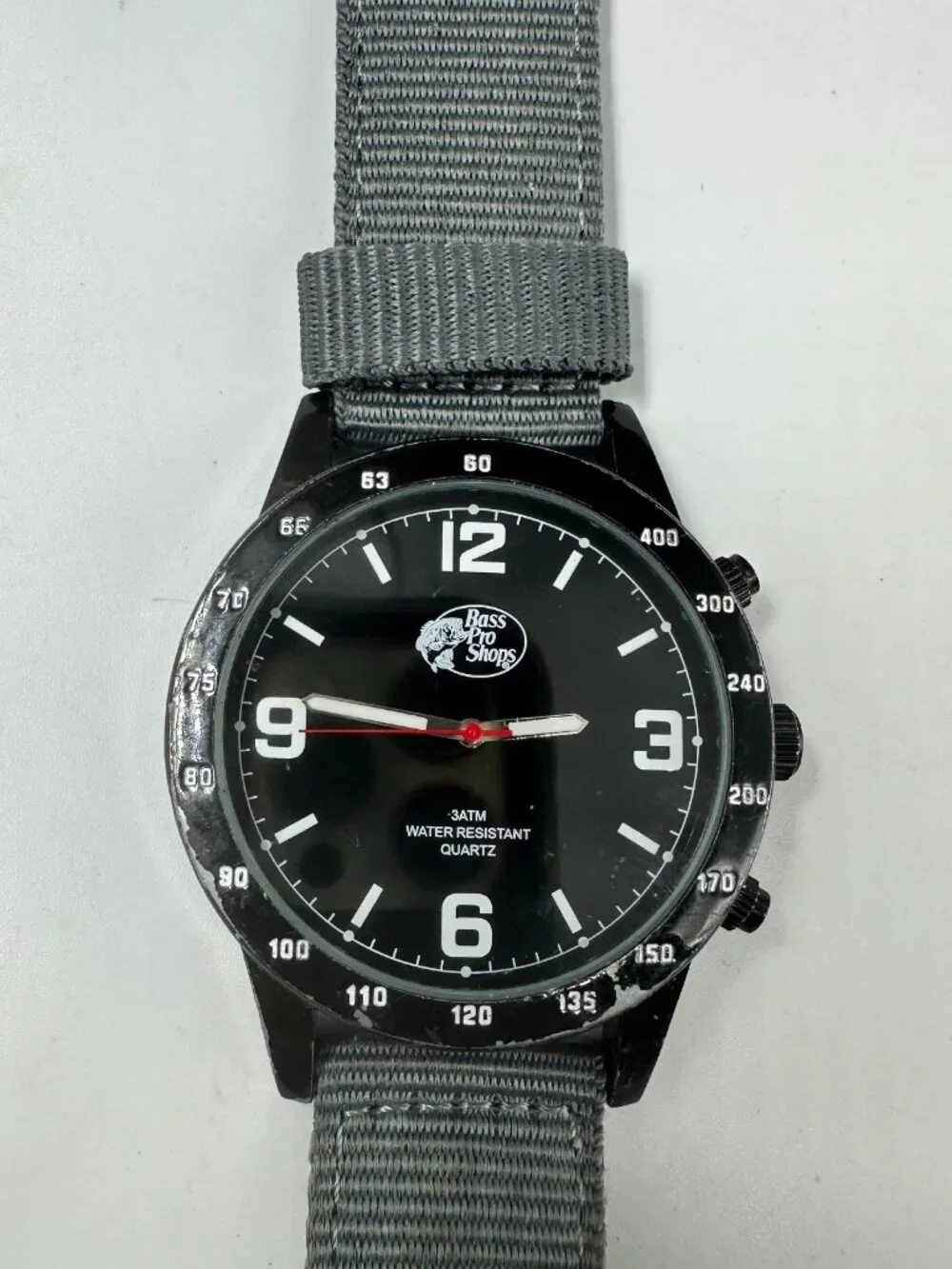 Bass Pro Shops Watch Men Black Dial 46MM Grey Canvas Band New Battery 9